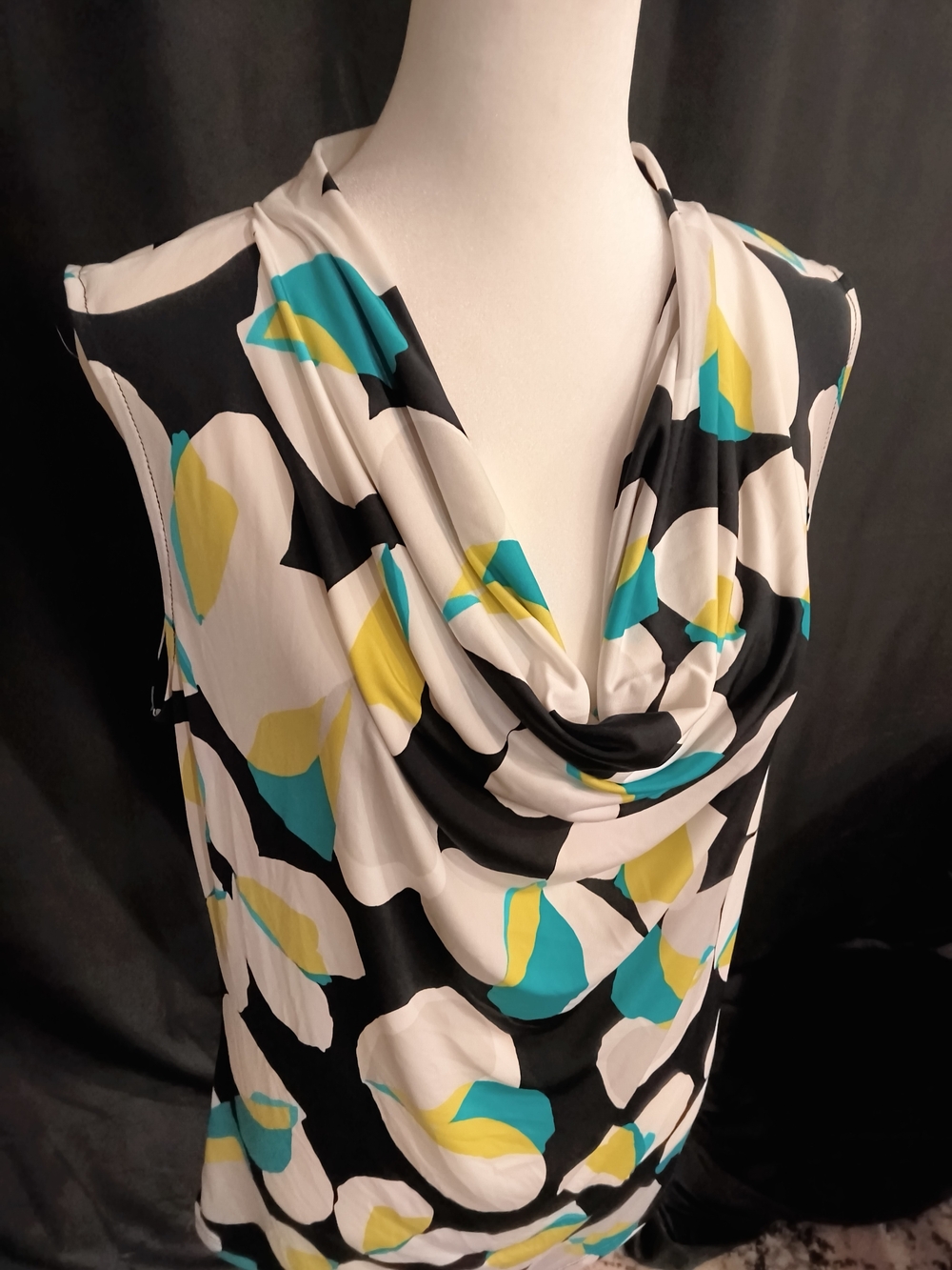 Worthington Black, White, Teal & Yellow Cowl Neck Sleeveless Top - Picture 2 of 5